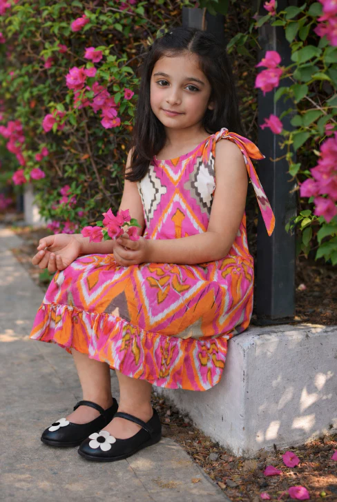 Pink Mosaic Cotton dress with tie up at shoulder Regular Fit for Girls - Image 5
