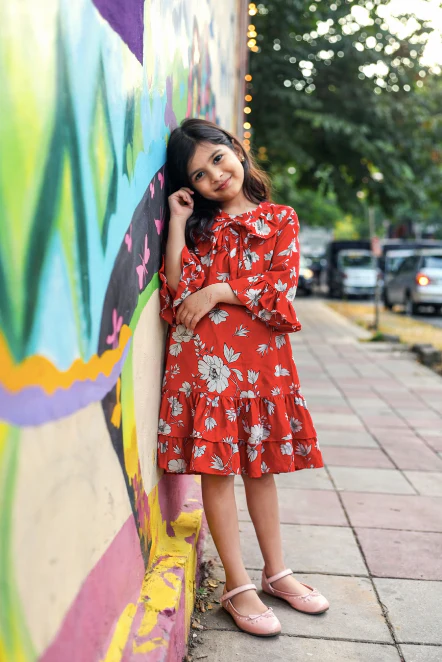 Red Floral creasefree Dress Regular Fit for Girls - Image 5
