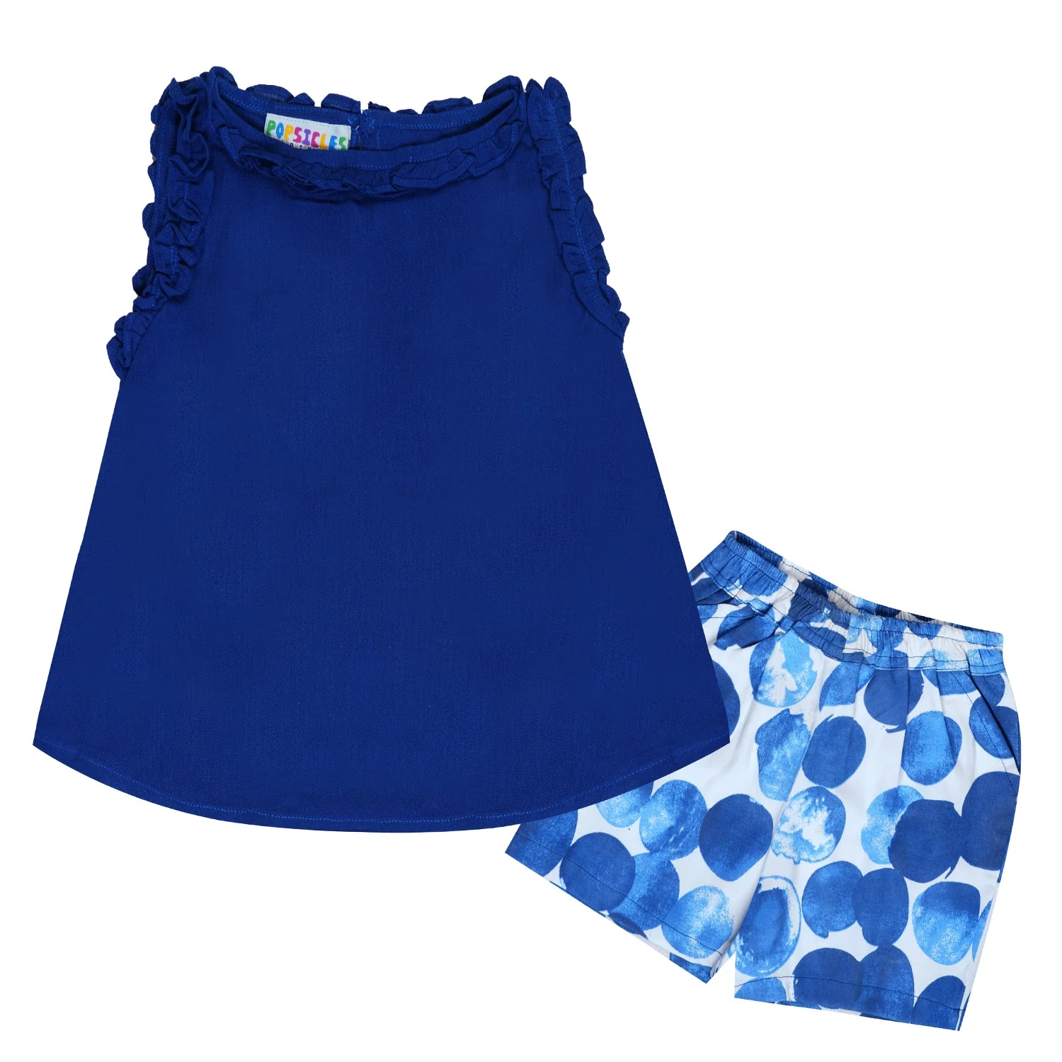 Royal Blue Top & Printed Shorts Set For Girls | Regular Fit