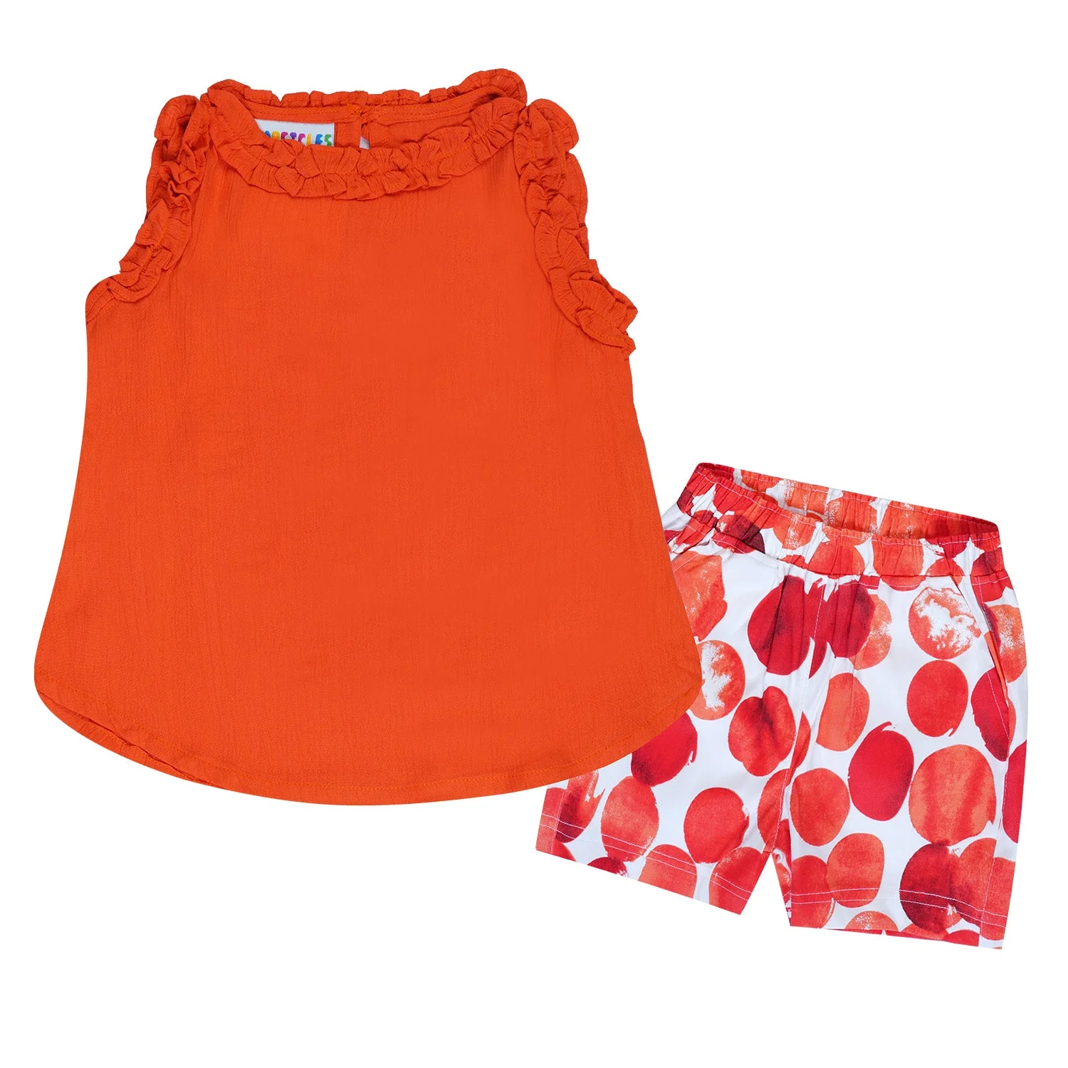 Tangerine Top & Dot Print Shorts Set For Girls | Regular Fit