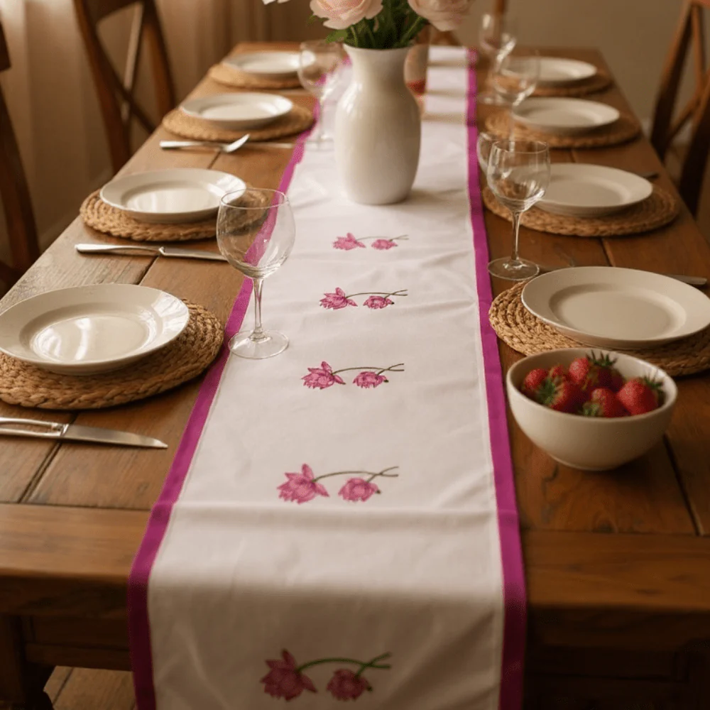 100% Cotton Handblocked Lotus 6 Seater Dining Table Runner - Image 2