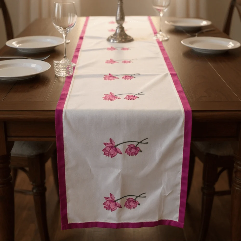 100% Cotton Handblocked Lotus 6 Seater Dining Table Runner - Image 3