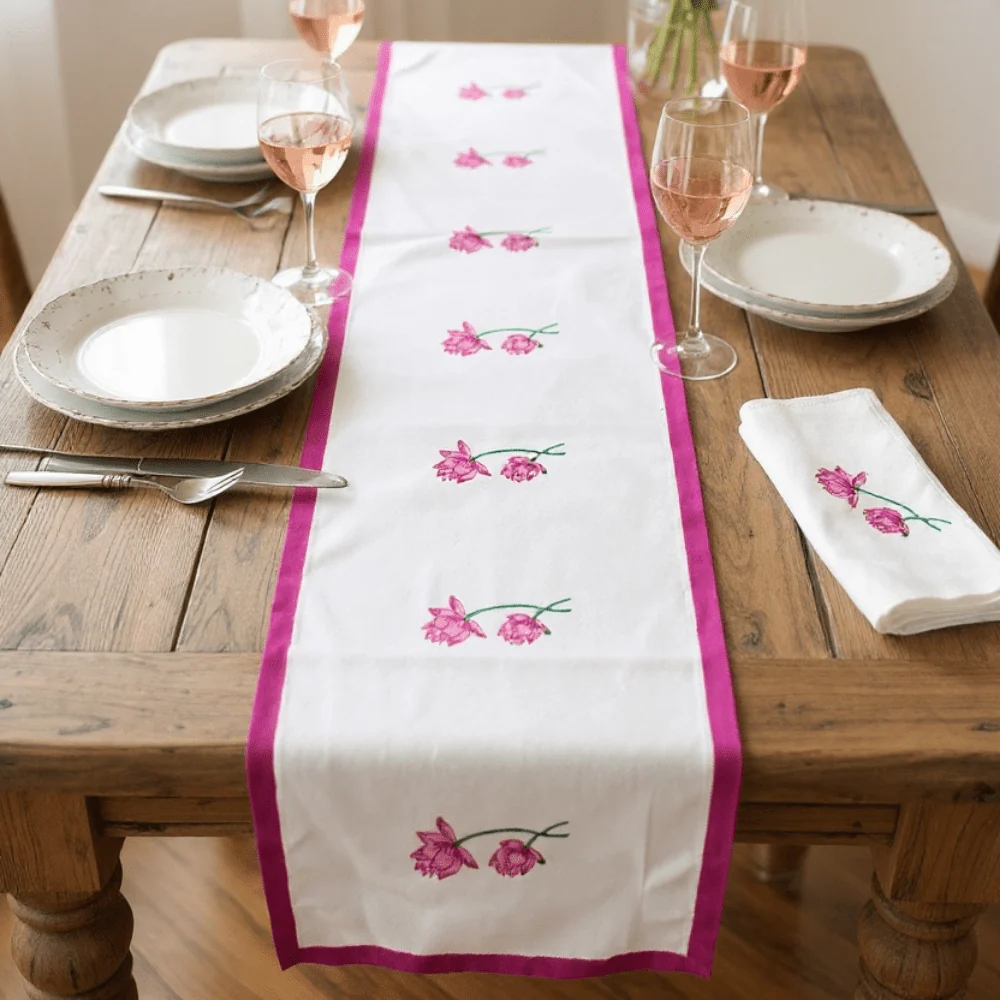 100% Cotton Handblocked Lotus 6 Seater Dining Table Runner - Image 4