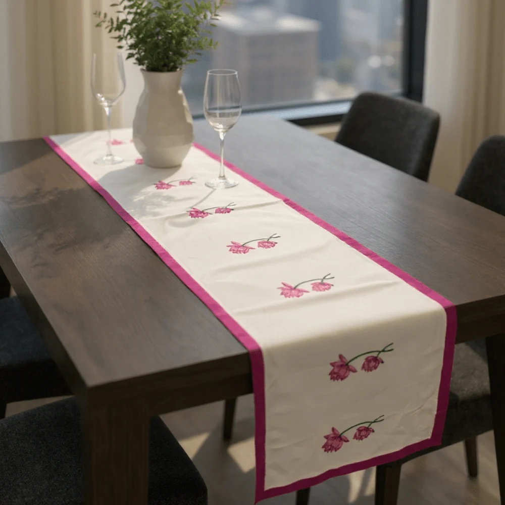 100% Cotton Handblocked Lotus 6 Seater Dining Table Runner - Image 5