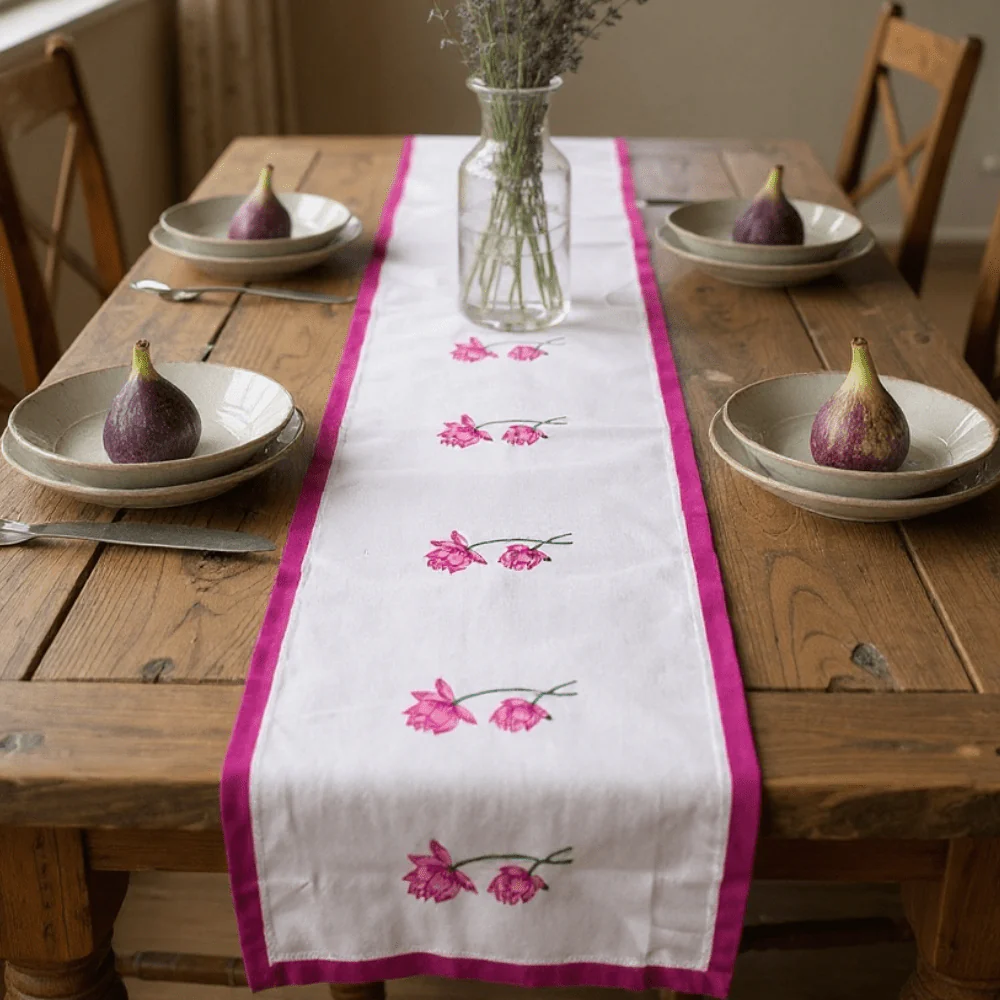 100% Cotton Handblocked Lotus 6 Seater Dining Table Runner - Image 6