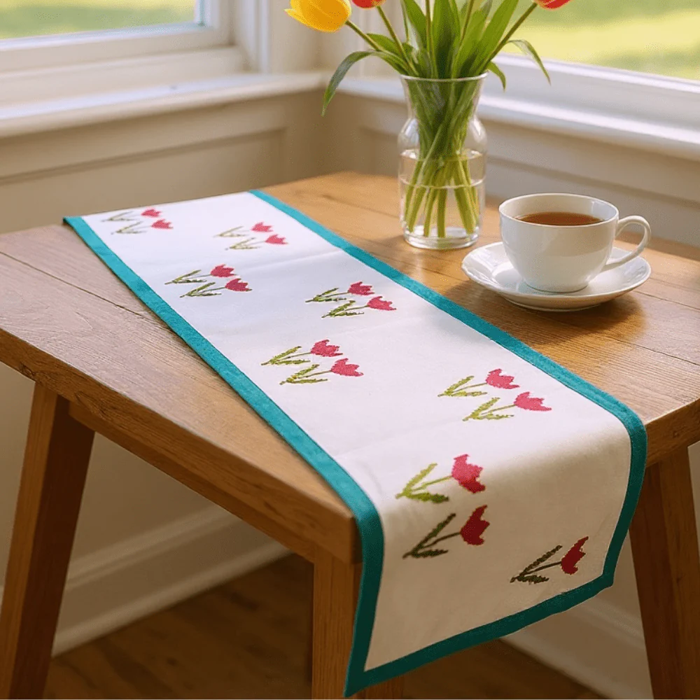 100% Handblocked Tulip Cotton Table Runner for 6 Seater Dining - Image 2