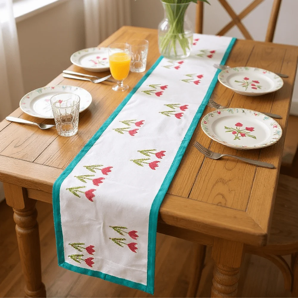 100% Handblocked Tulip Cotton Table Runner for 6 Seater Dining - Image 3
