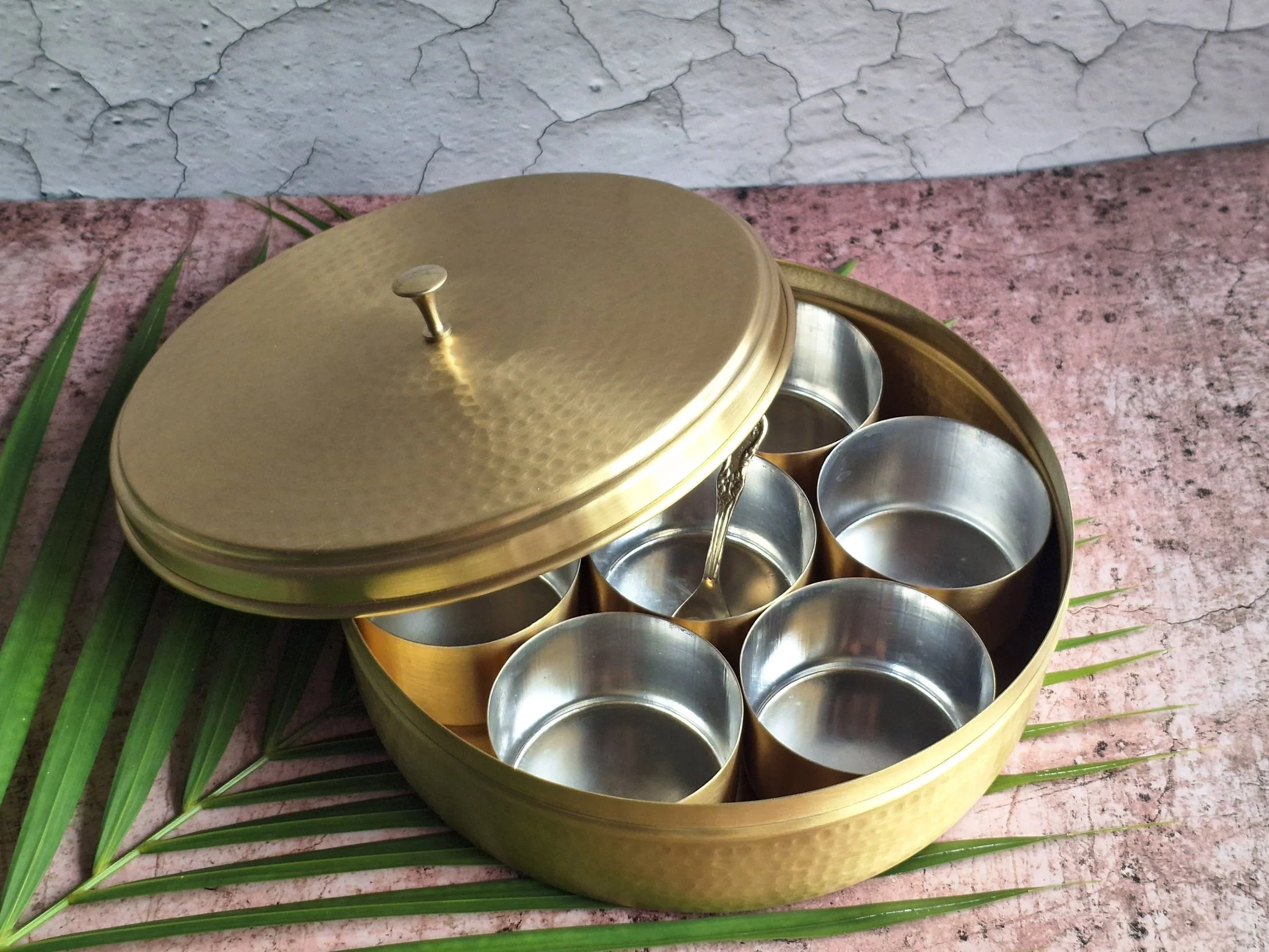Pure Brass Masala Box (Matt Hammered Finish) | Traditional Spice Dabba - Image 3