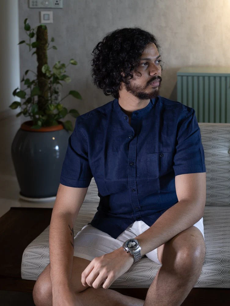 Pure Linen Mandarin Short Sleeve Shirt Heritage Navy For Men's Wear