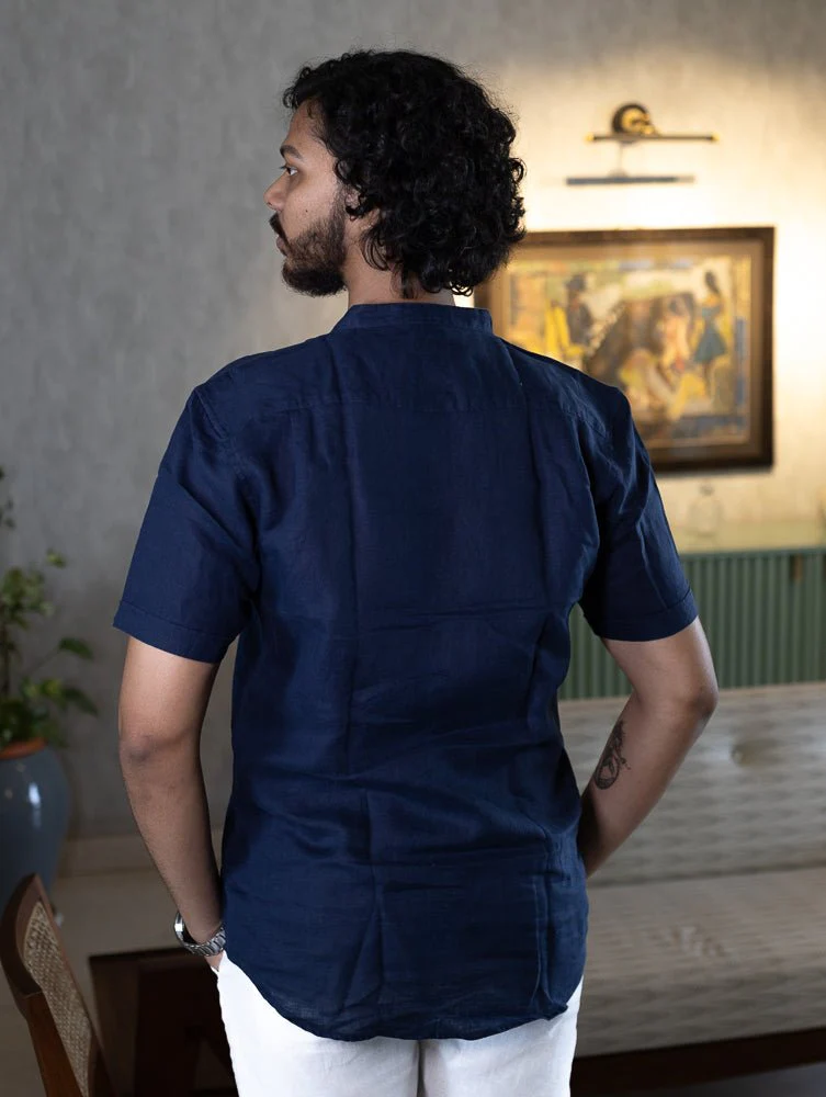 Pure Linen Mandarin Short Sleeve Shirt Heritage Navy For Men's Wear - Image 2