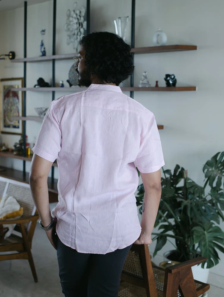 Pure Linen Mandarin Short Sleeve Shirt Pink | Breezy & Comfortable - Image 2