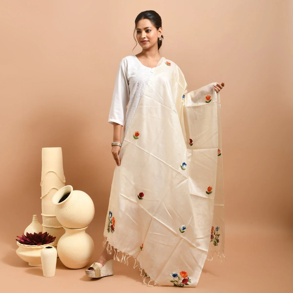 Pure Silk Hand Embroidered Dupatta - Image 10