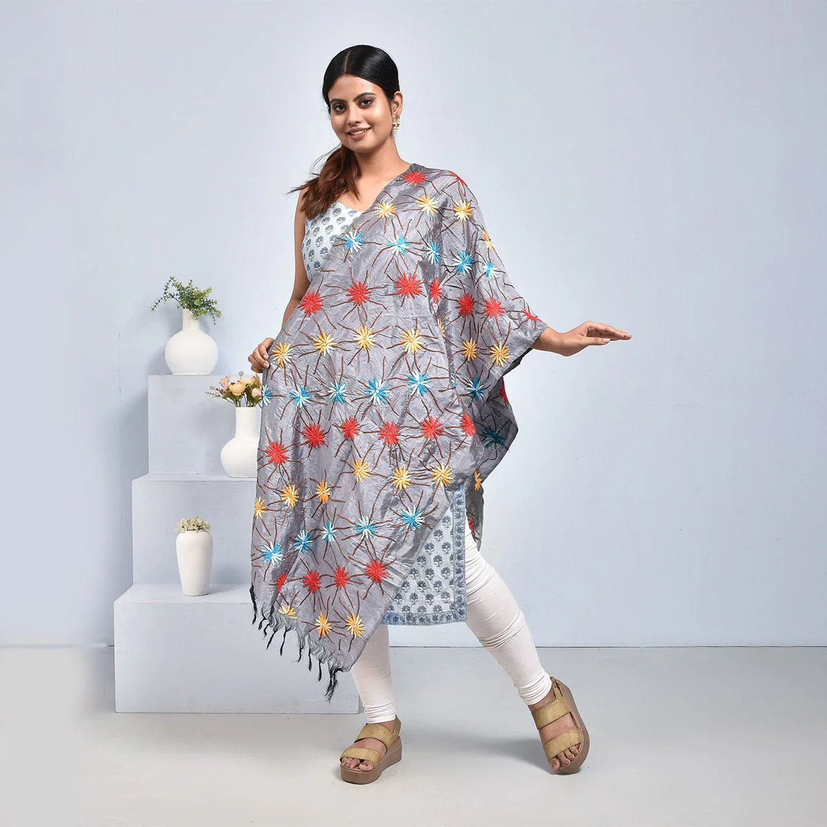 Pure Silk Hand Embroidered Dupatta - Image 16