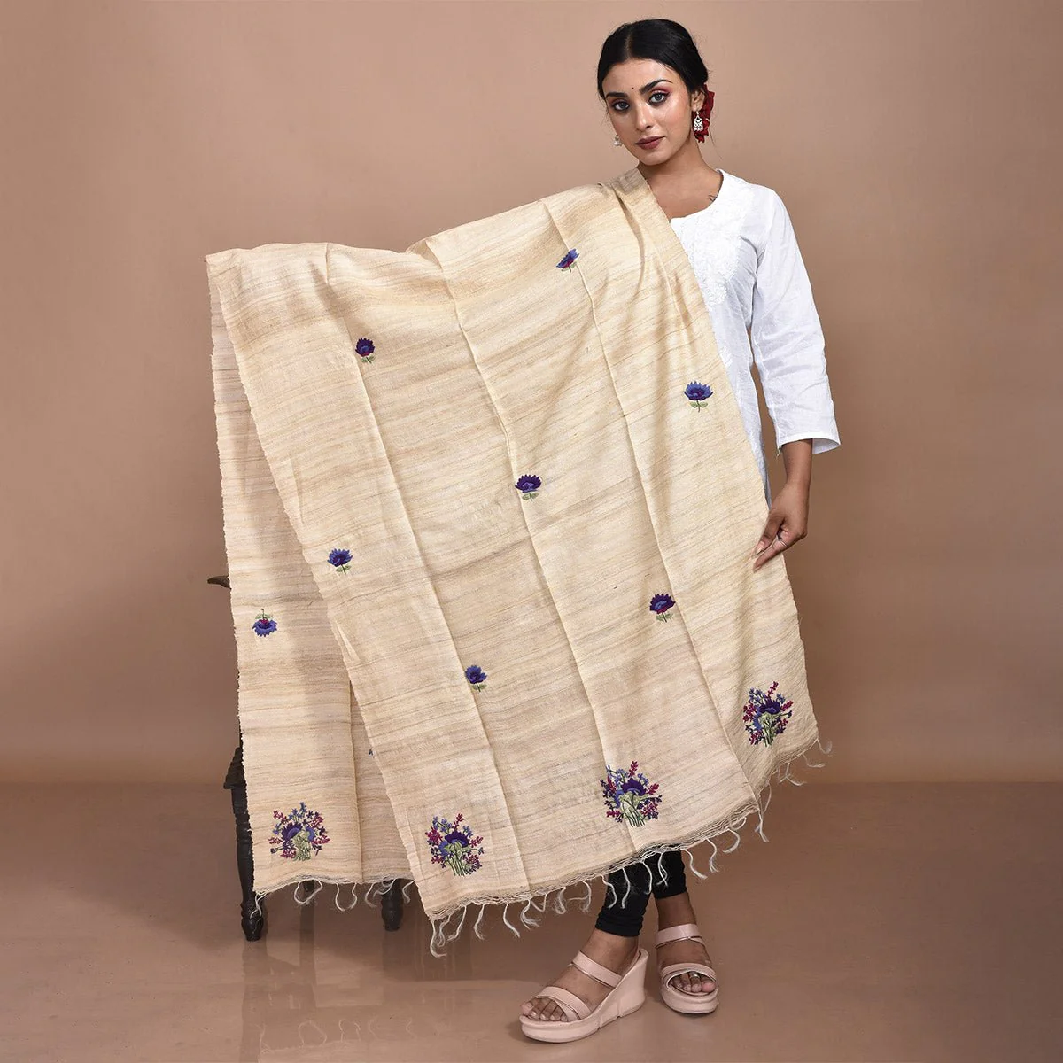 Pure Silk Hand Embroidered Dupatta - Image 2
