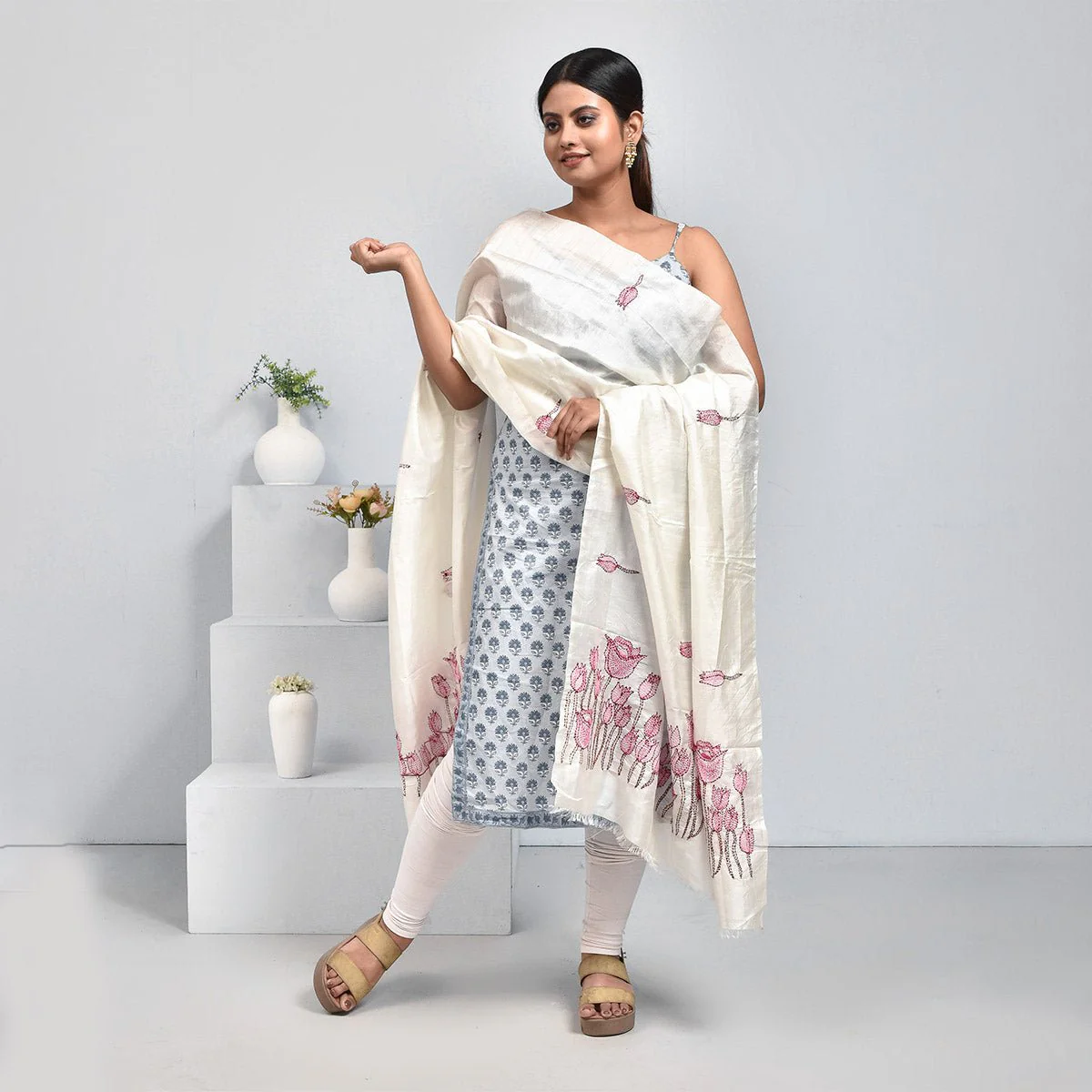 Pure Silk Hand Embroidered Dupatta - Image 24
