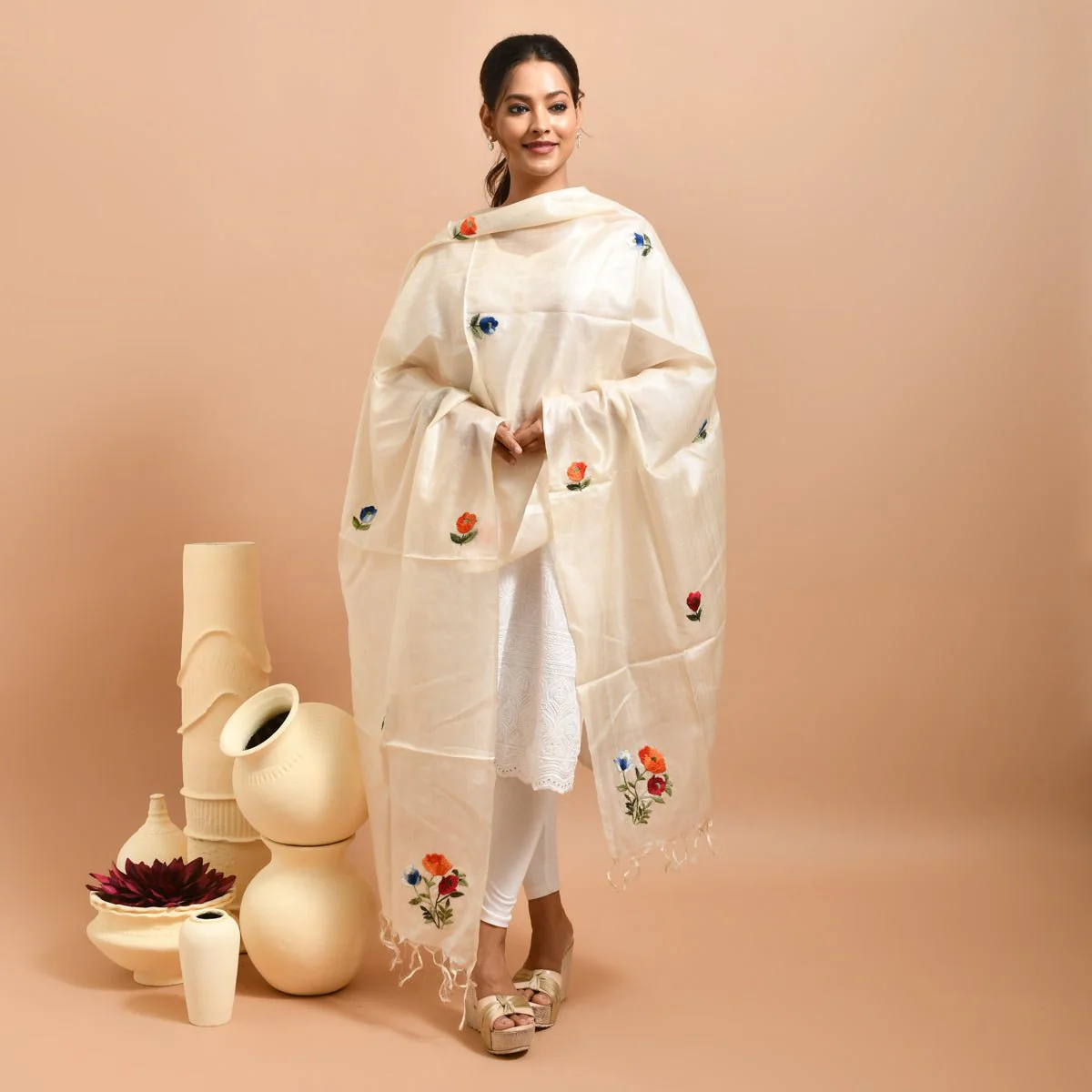 Pure Silk Hand Embroidered Dupatta - Image 28
