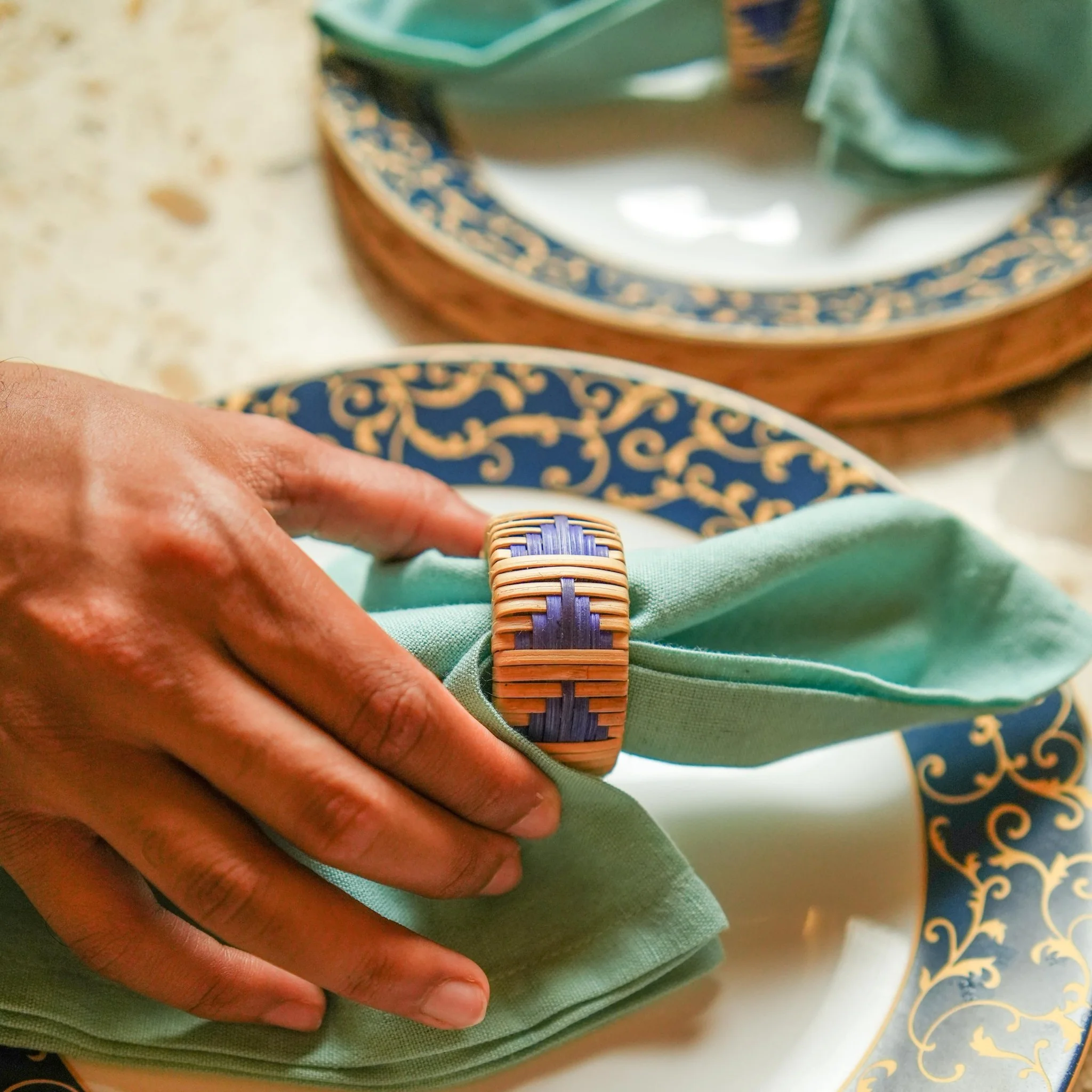 Rattan Indigo Napkin Rings- Set of 2 | Natural Fiber Table Accessories - Image 4