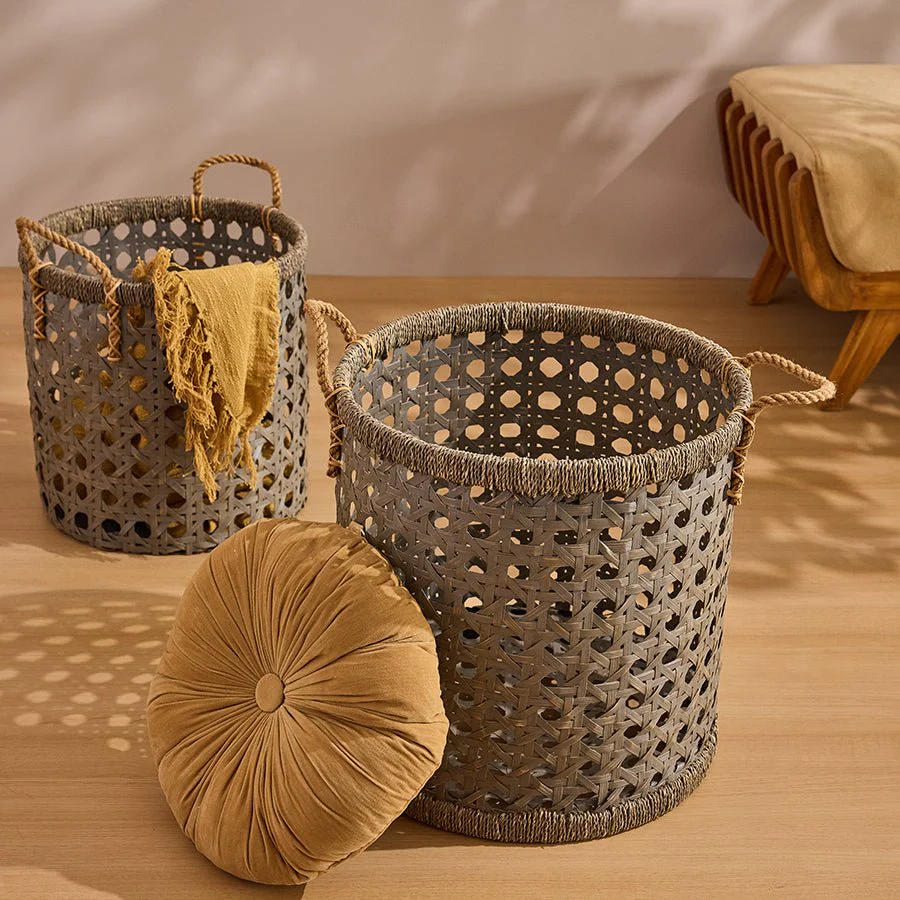 Bamboo Rope Handle Basket | Grey Wash Finish | Handwoven Storage Baske - Image 2
