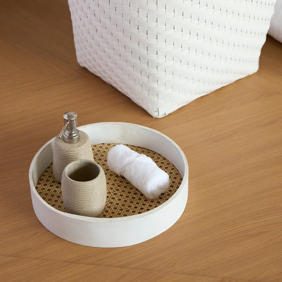 Rattan Round Handwoven Multipurpose Decorative White Tray - Image 2