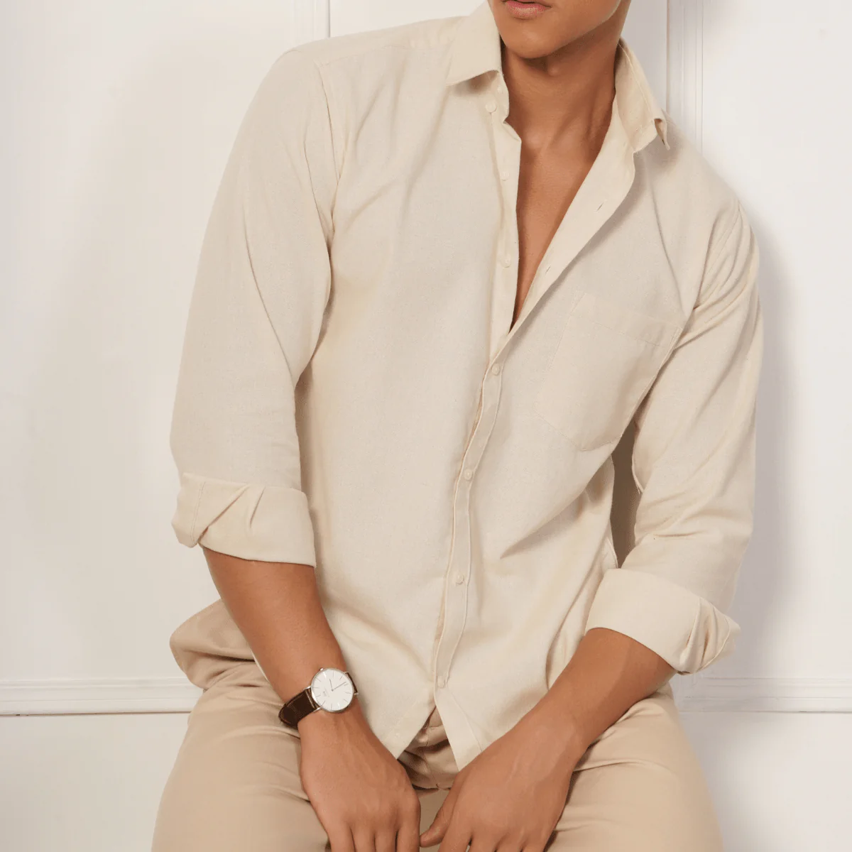 Regular Fit Full Sleeve Button Down Collar Shirt For Men | Cream