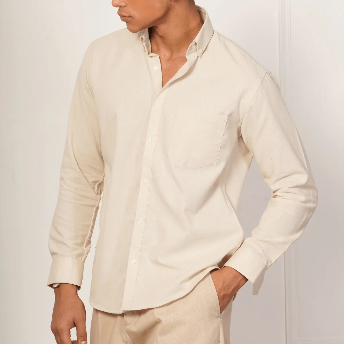 Regular Fit Full Sleeve Button Down Collar Shirt For Men | Cream - Image 5