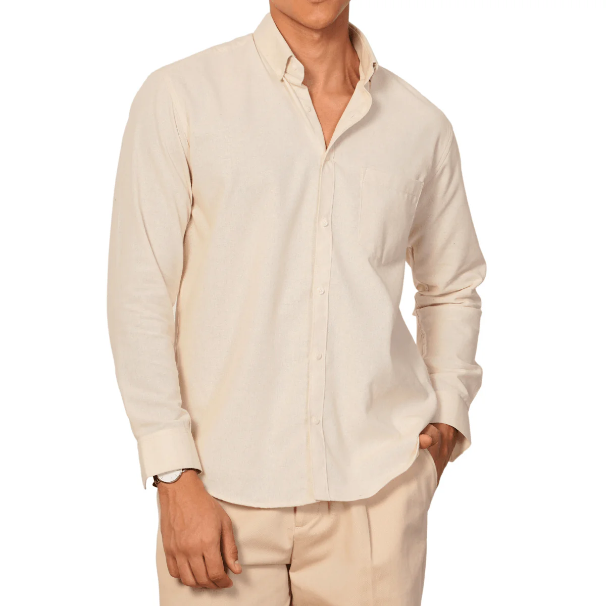 Regular Fit Full Sleeve Button Down Collar Shirt For Men | Cream - Image 7