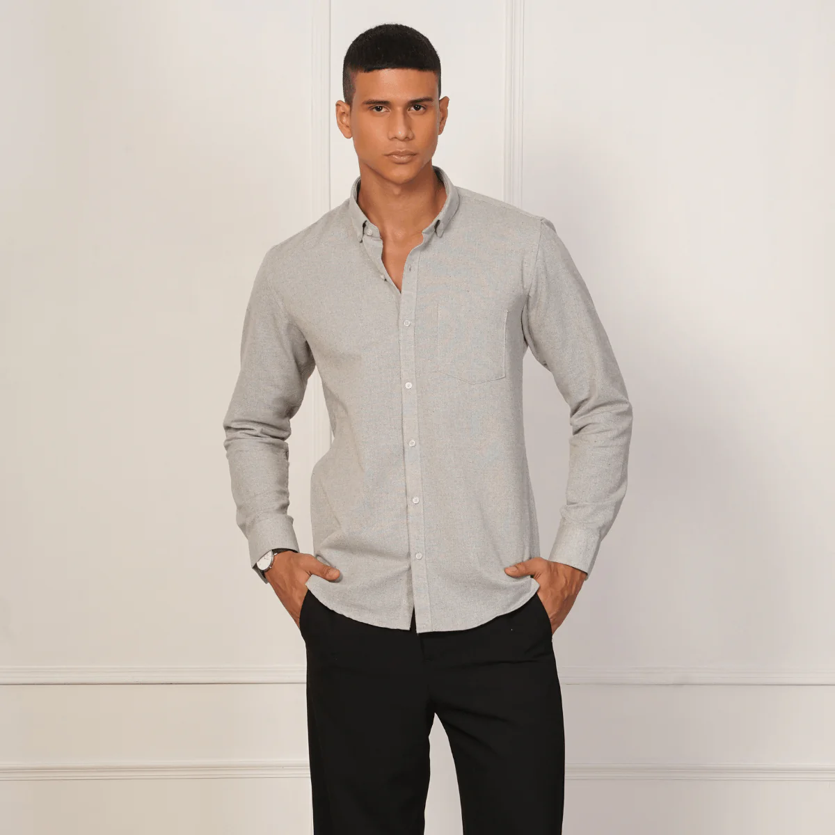 Regular Fit Full Sleeve Button Down Collar Shirt For Men | Sage Grey - Image 2
