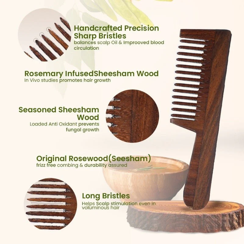 Indian Rosewood Straight Handle Wide Tooth Comb |Rosemary - Image 2