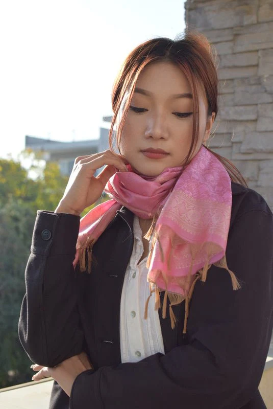 Rouge Silk Stole from Banaras | Handwoven Silk Stole - Image 6