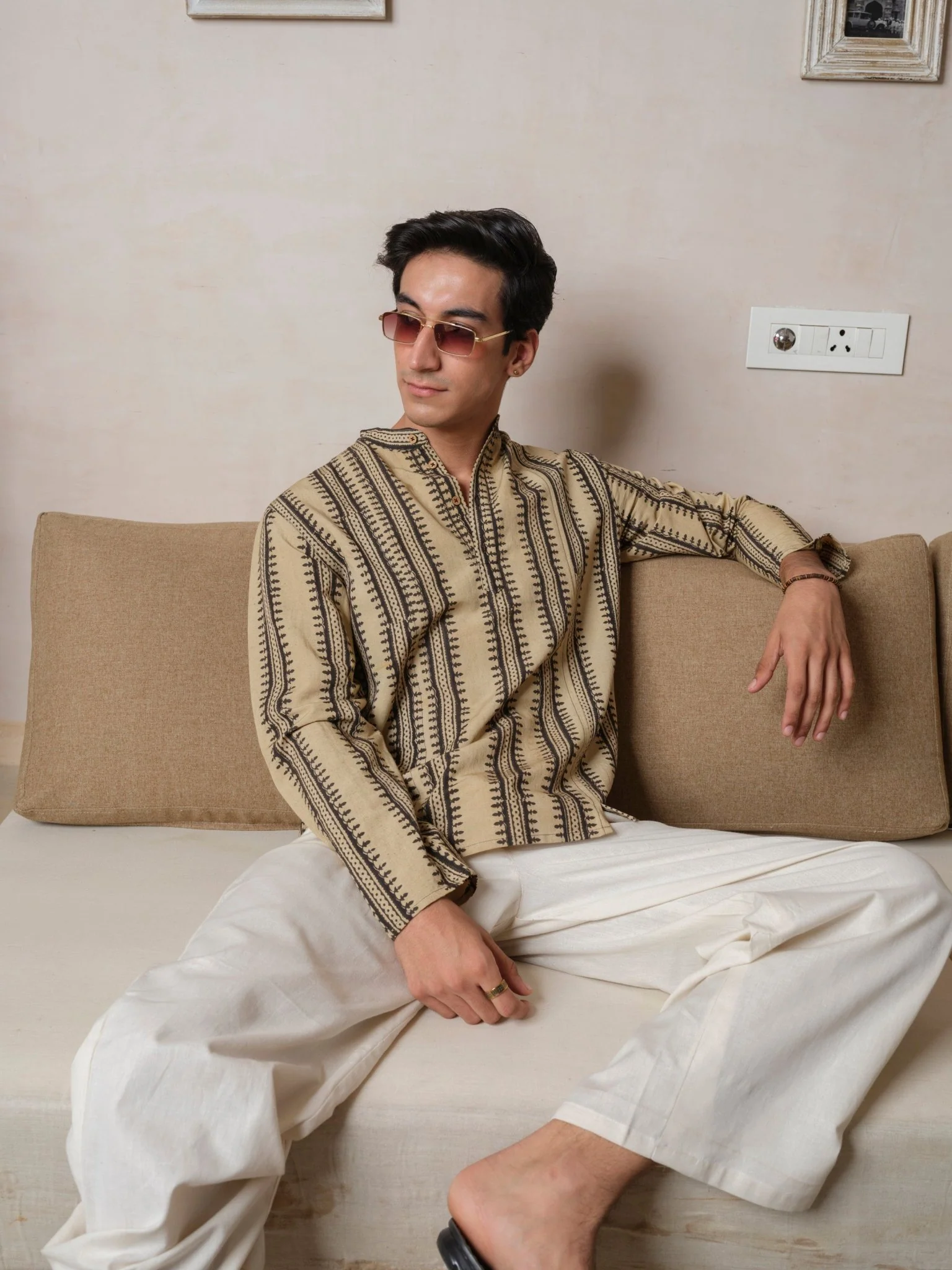 Sangatam - Ivory Black Block Print Kurta
