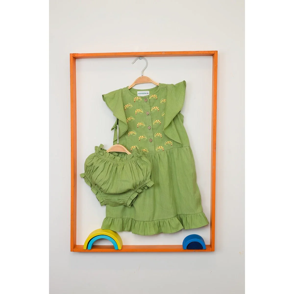 Saucy Shrimp Frill Dress | Green Cotton Dress for Baby Girls