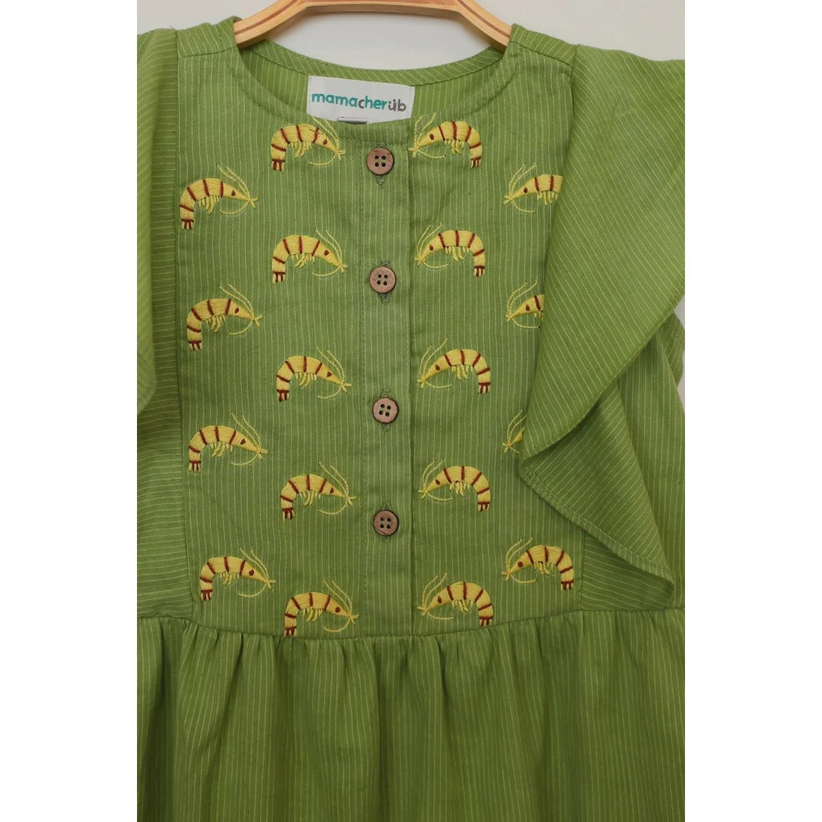 Saucy Shrimp Frill Dress | Green Cotton Dress for Baby Girls - Image 2