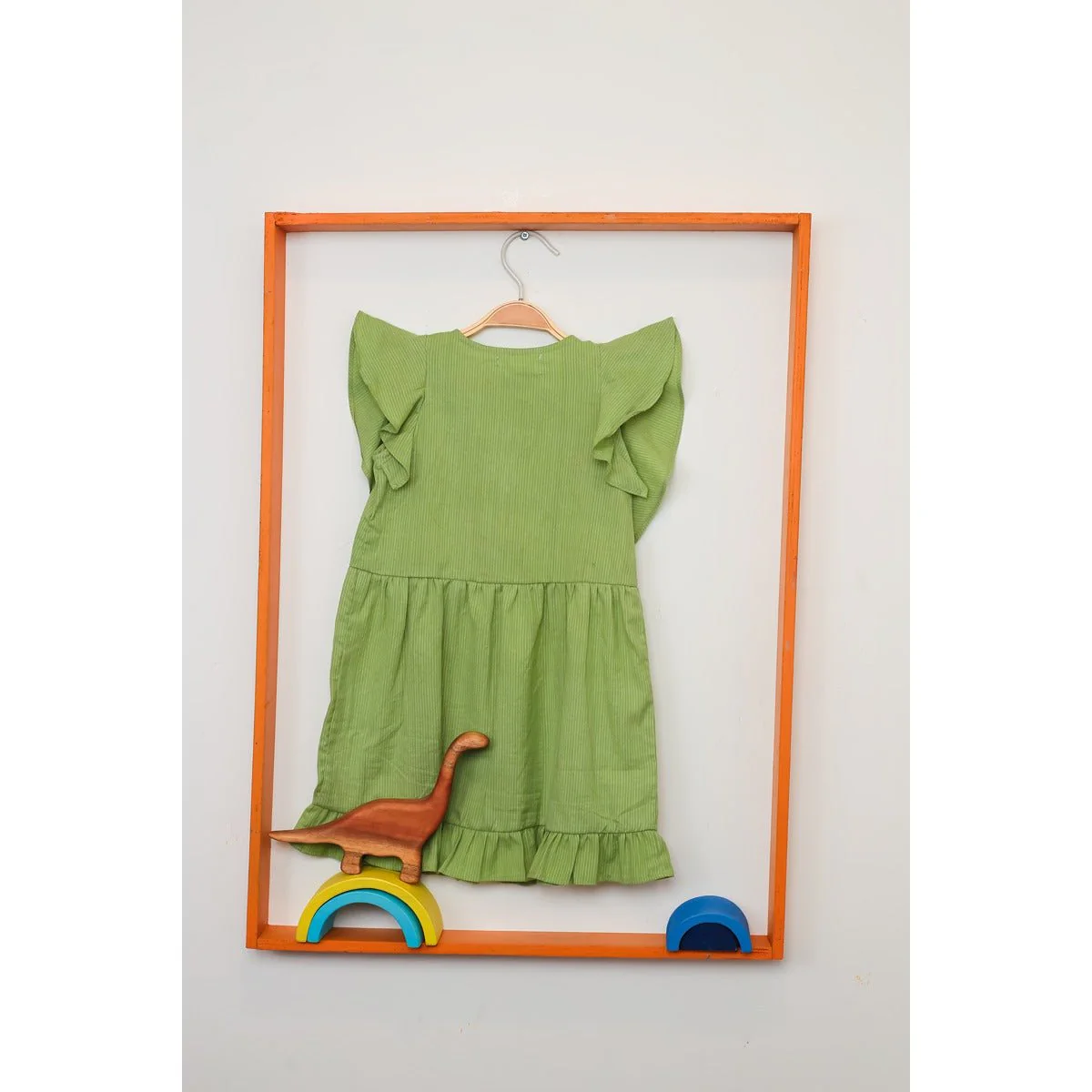 Saucy Shrimp Frill Dress | Green Cotton Dress for Baby Girls - Image 3