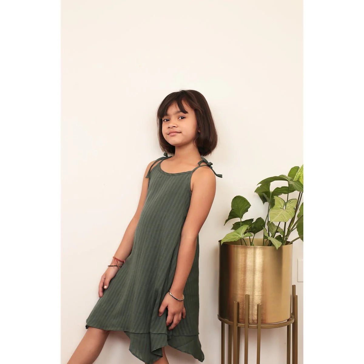 Sea Weed Green Dress | Olive Green Cotton Dress for Girls