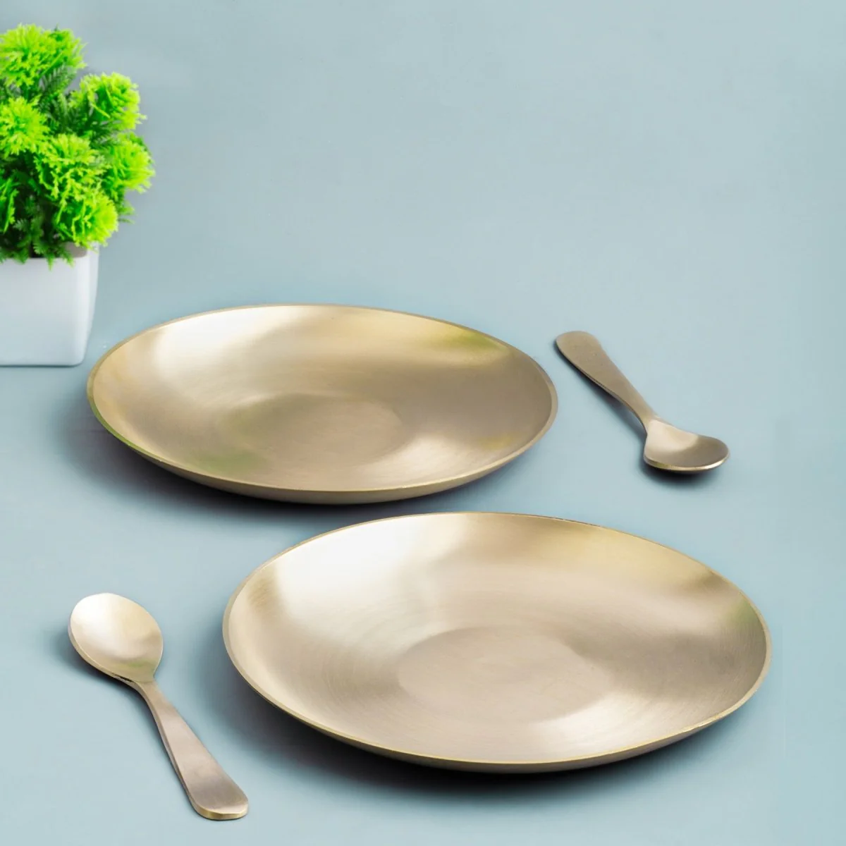 Set of 6 Matt Finish Handmade Bronze Breakfast Plate with Spoon