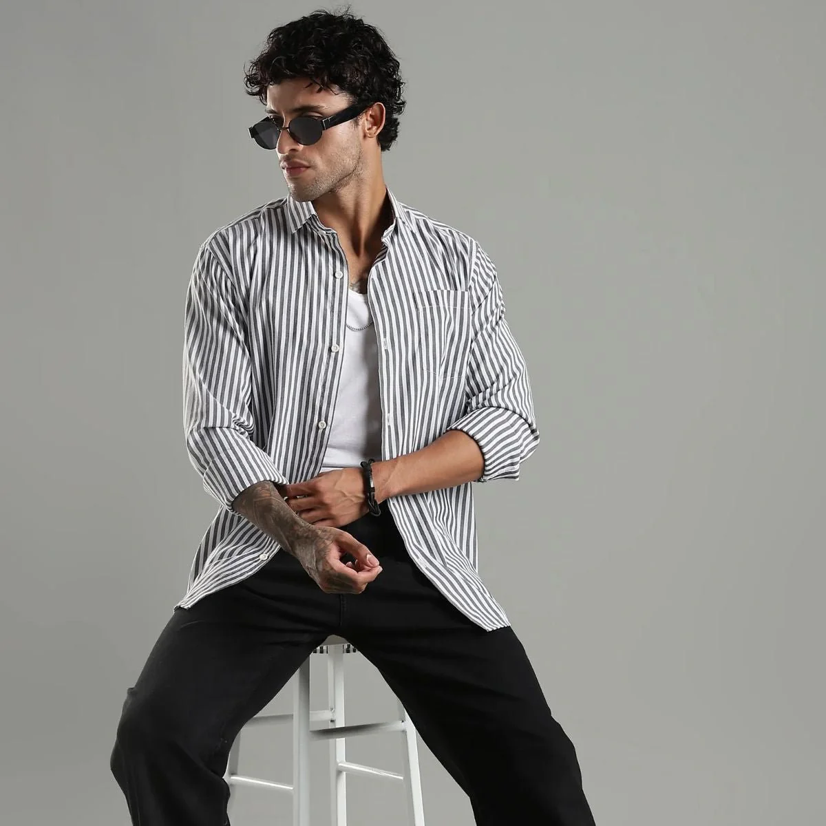 Minimalist Grey and White Cotton Shadow Stripes Shirt - Image 2