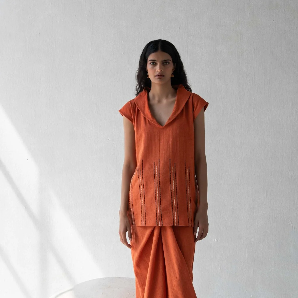 Organic Cotton Orange Shawl Collared Top for Women