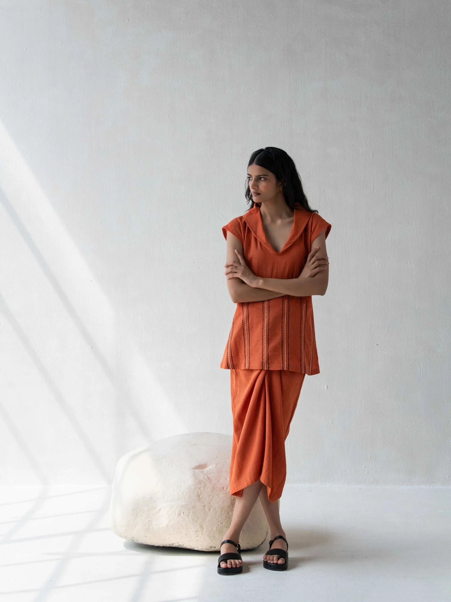 Organic Cotton Orange Shawl Collared Top for Women - Image 4