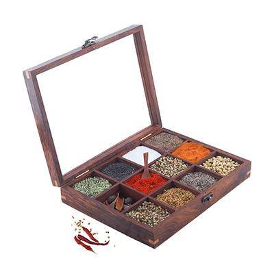 Sheesham Wood table top 12 Compartment Spice Box with Spoon - Image 2