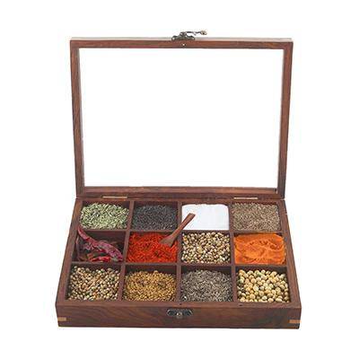 Sheesham Wood table top 12 Compartment Spice Box with Spoon - Image 6