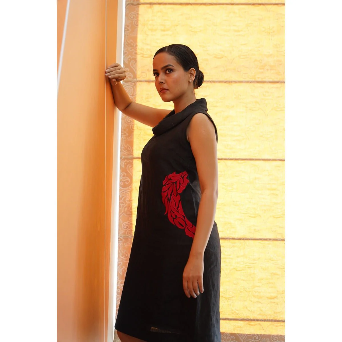 Shyama Charcoal Black Cowl Neck Dress With Red Applique Work - Image 9