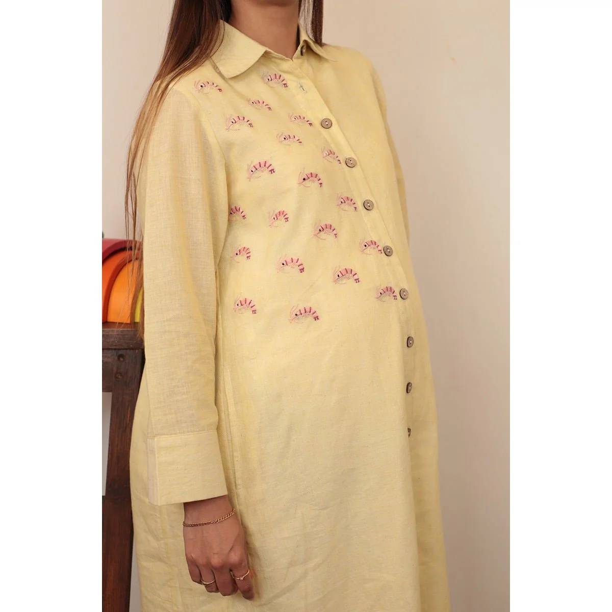 Snappy Shrimp Cotton Maternity Dress | Soft Yellow Pregnancy Wear - Image 2