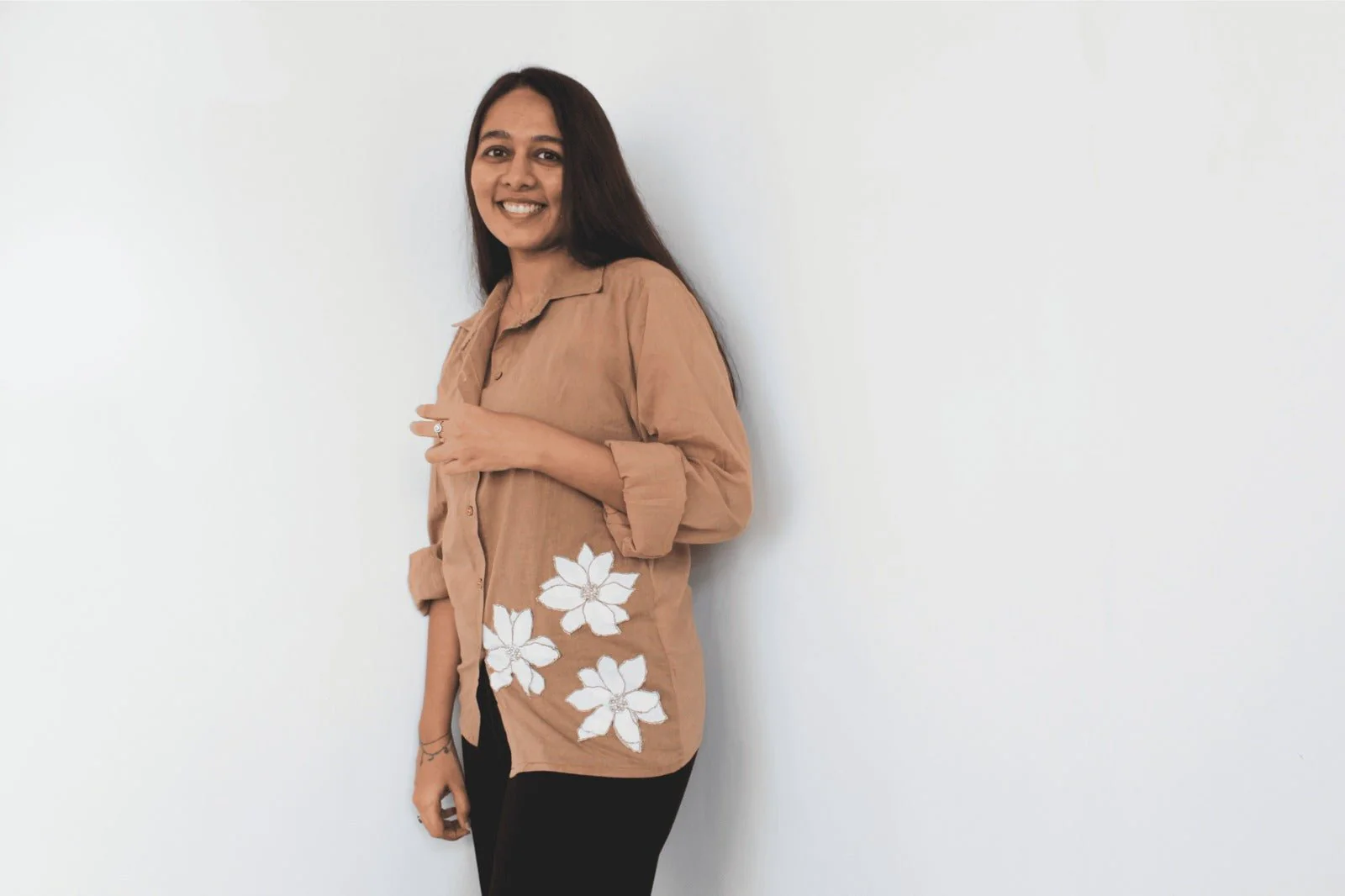 The POO Shirt with White Flower Applique | Women’s Elegant Casual Top