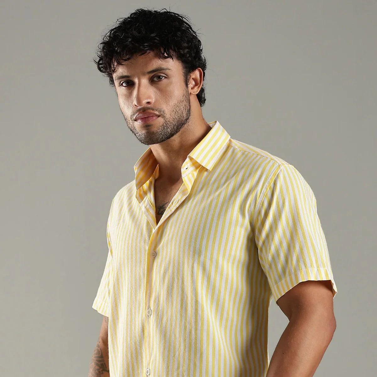 Yellow & White Cotton Classic Solaris Stripes Shirt - Image 3