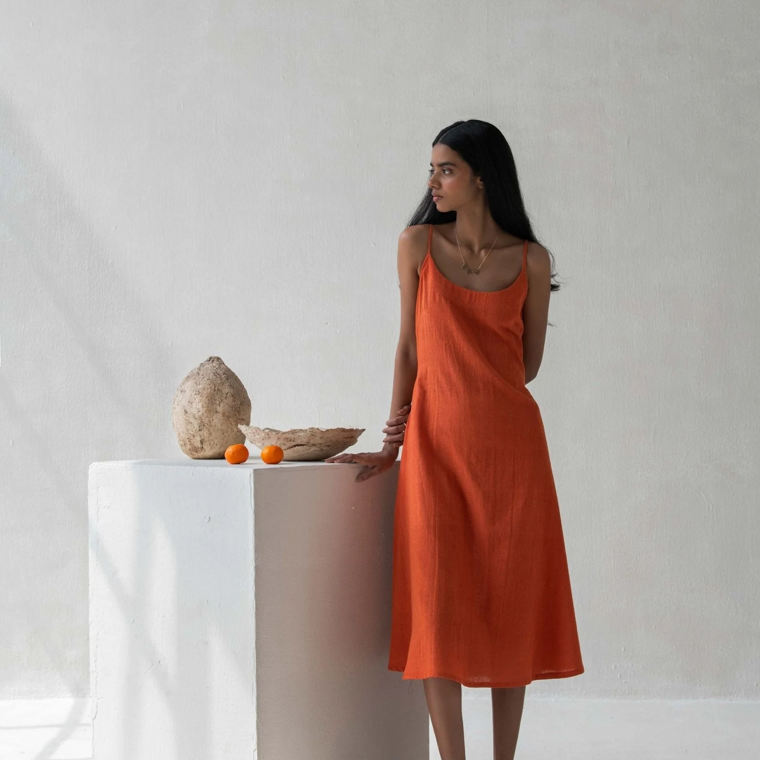 Organic Cotton Orange Spaghetti Sleeved A-Line Dress for Women