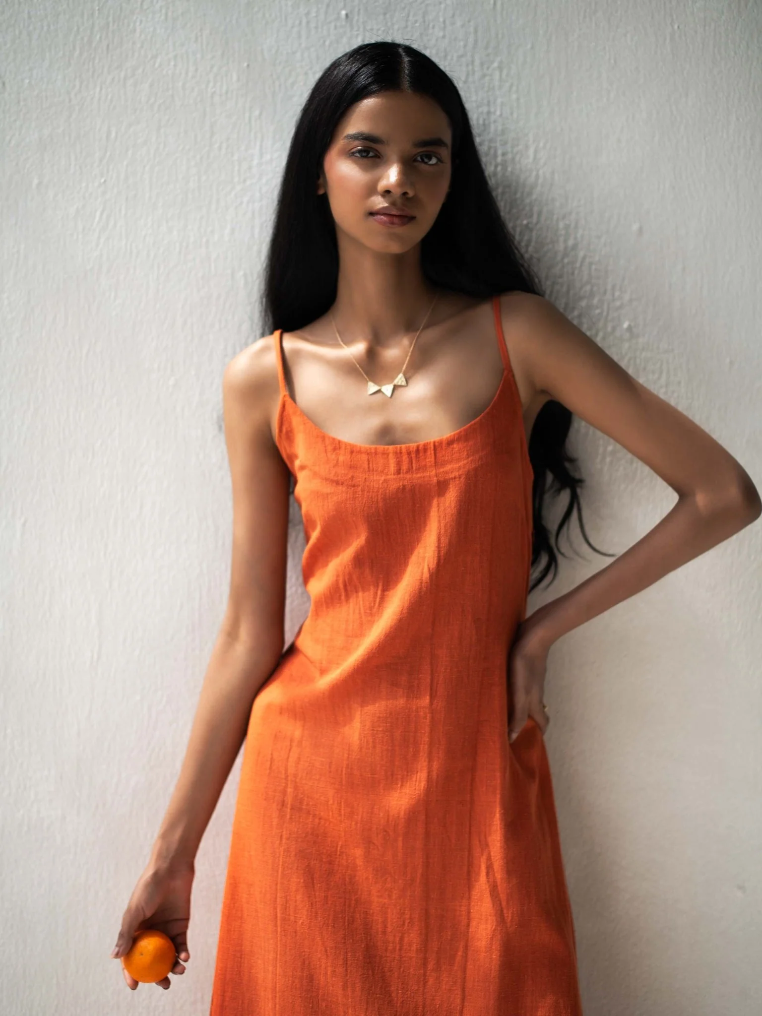 Organic Cotton Orange Spaghetti Sleeved A-Line Dress for Women - Image 4