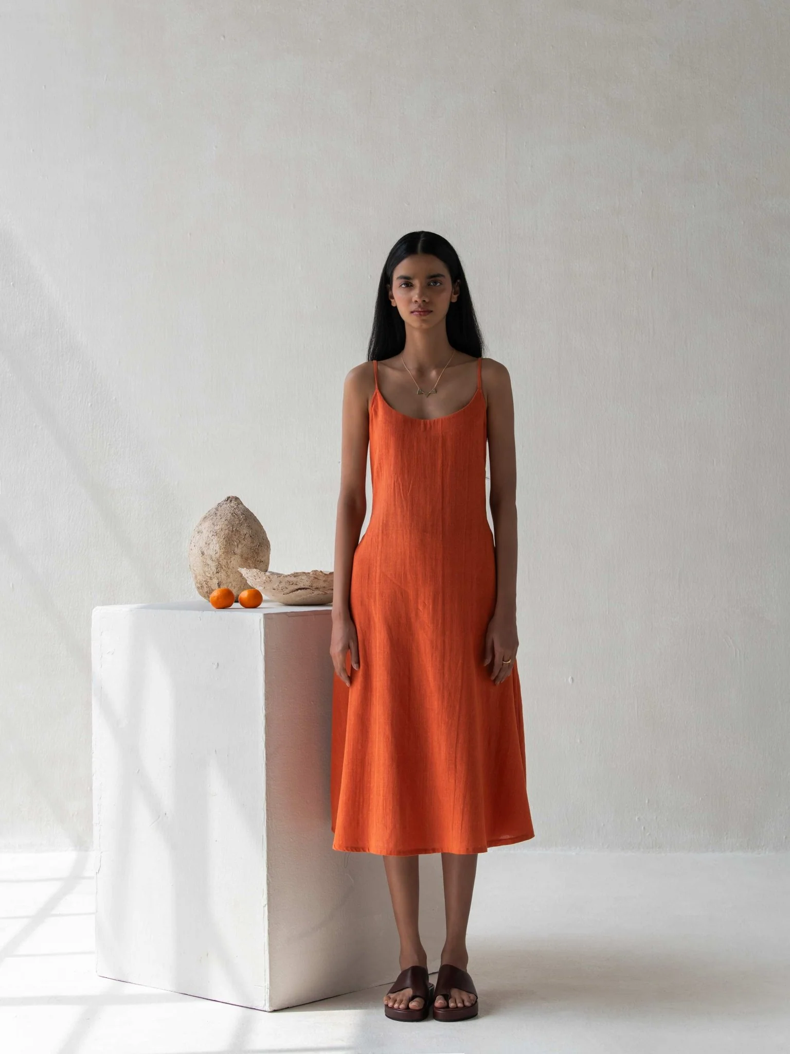 Organic Cotton Orange Spaghetti Sleeved A-Line Dress for Women - Image 6