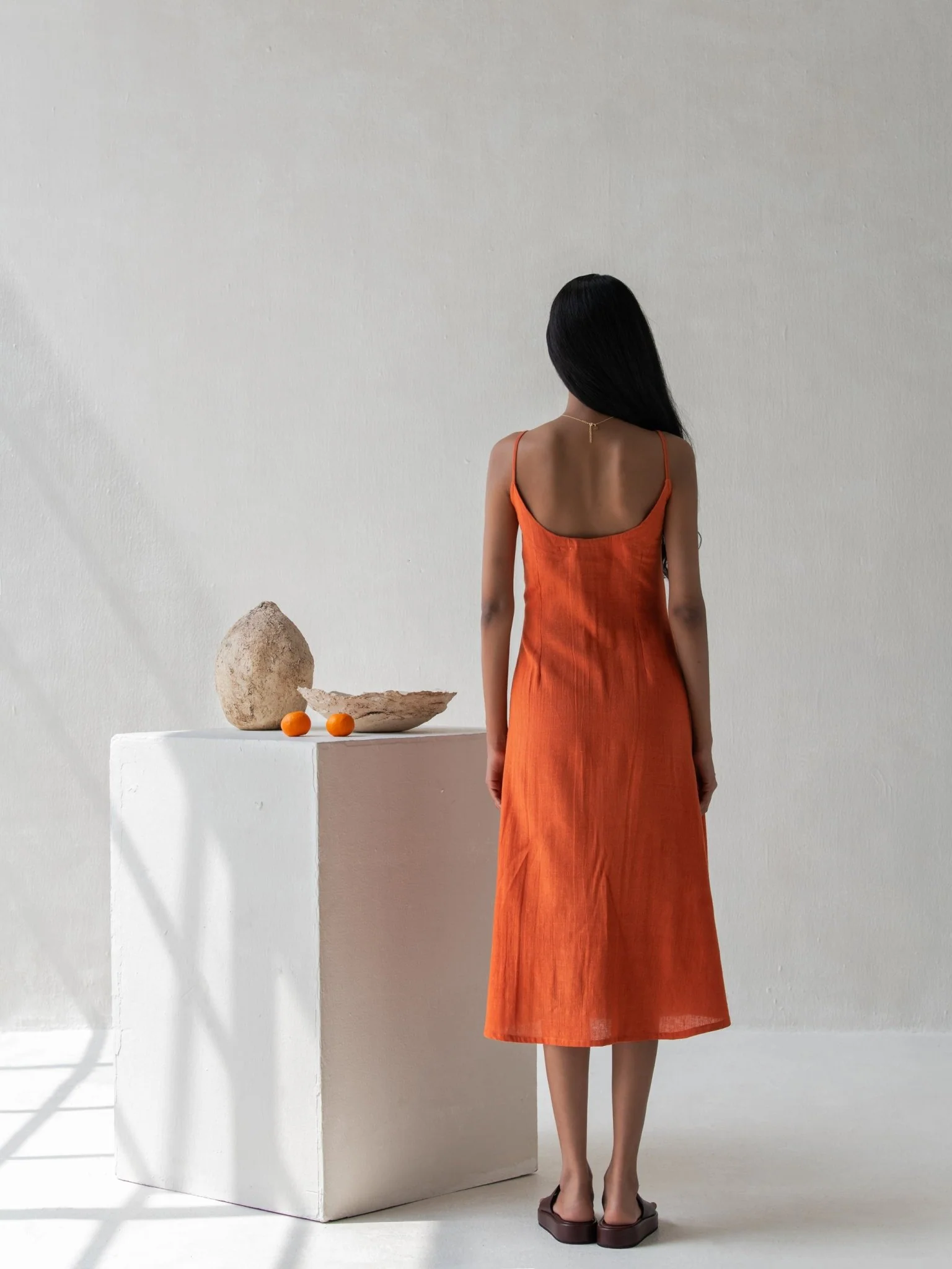 Organic Cotton Orange Spaghetti Sleeved A-Line Dress for Women - Image 7