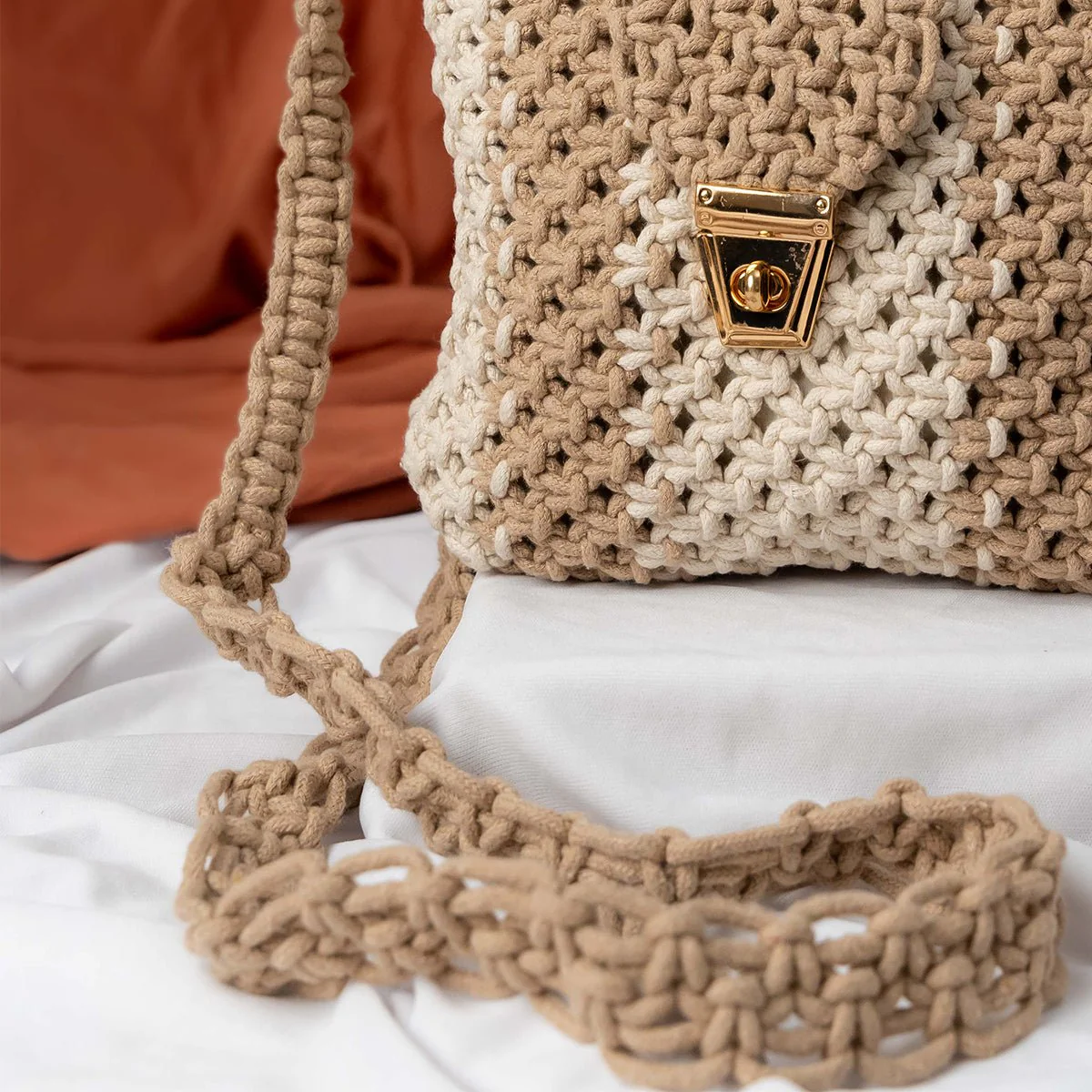Tan Orchid Macrame Sling Bag | Handmade Shoulder Bag - Image 3