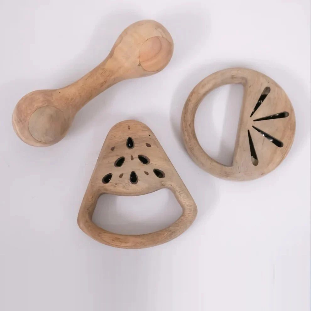 Wooden Rattle Set Baby Toy | Tangerine, Watermelon & Dumbbell